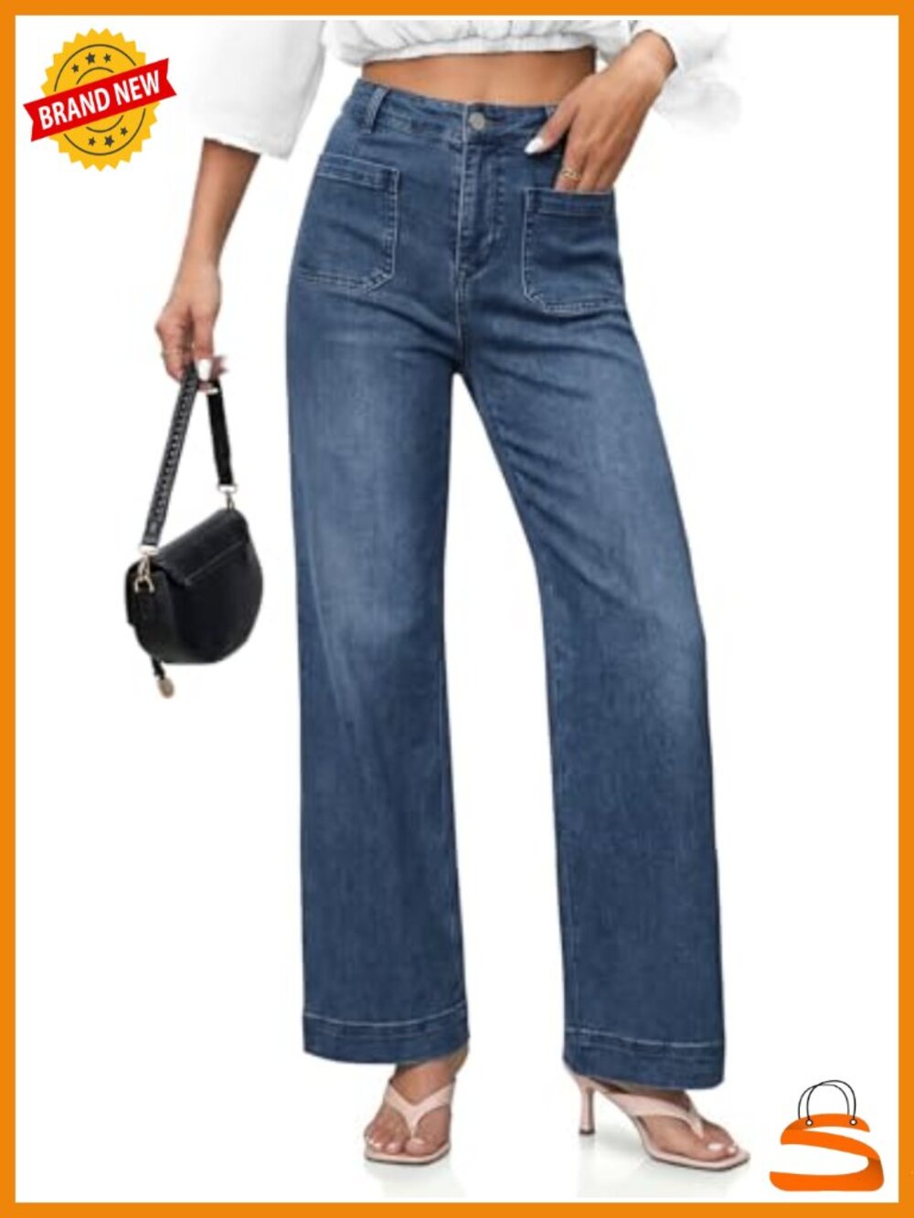 High Waisted Wide Leg Stretchy Denim Jeans with Patch Pockets